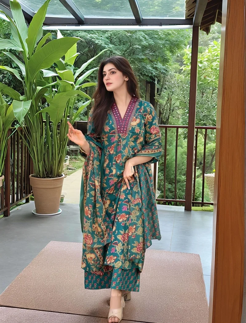 GoSriKi  GoSriKi Women's Rayon Viscose Anarkali Printed Kurta with Palazzo & Dupatta (CIA GREEN-VKS02-GS_S_Green_Small) for Women | Best Price UAE